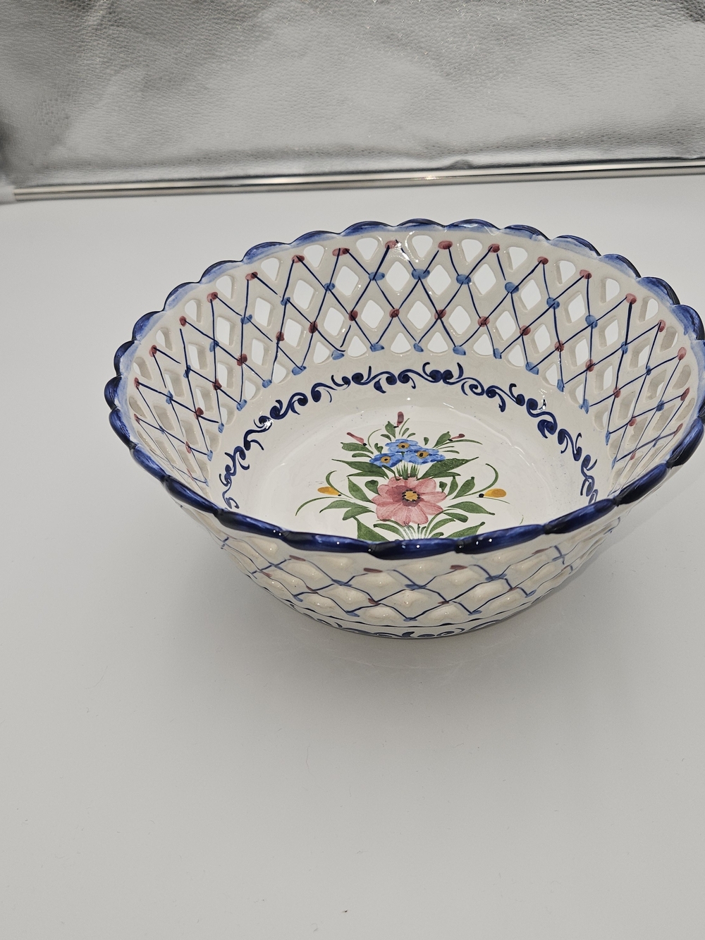 Hand-Painted Floral Ceramic Basket Bowl in Blue and White